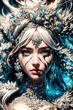 (Moirae),(green eye),(lightning eyes),(Black and white entanglement),(crystal and silver entanglement),High Detail,masterpiece,best quality,more detail,Hyper Quality,detailed,more detail,Texture-rich,Delicate texture
