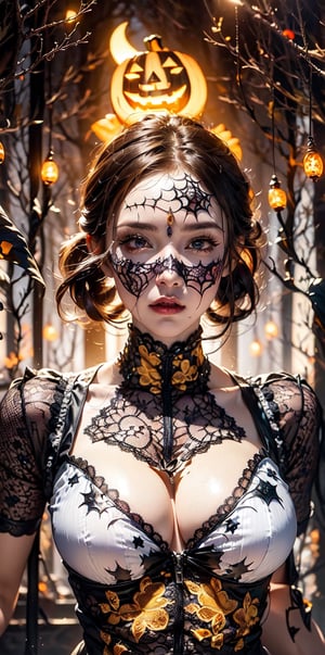 (witch),(halloween-shaped puppet set hafu),(Gorgeous evil yellow glowing pattern:1.2),Fantasy visual effects,dark forest,curvy,(lace tones:1.3)