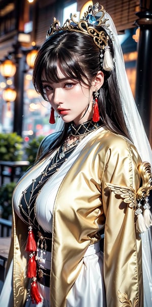 angel halo,golden hair,(light_red_eyes:1.2), high ponytail,curvy, light of wings,(British|Japanese),(crystal crown),(silver veil),(pendant),hair bow,tassel,collar with bell,white overcoat,face shot,outdoors,Mysterious, elegant, sexy, perfect, sacred, dignity, glory ,picture of the day,(complex 
tassel structure:1.5)