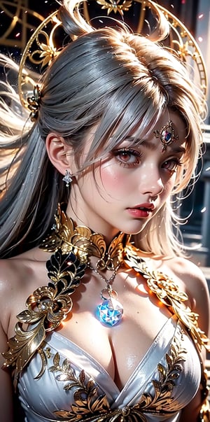 White hair,(light_red_eyes:1.2), high ponytail,curvy, (British|Japanese),(crystal crown),(silver veil),(pendant),hair bow,tassel,collar with bell,white overcoat,face shot,outdoors,Mysterious, elegant, sexy, perfect, sacred, dignity, glory ,picture of the day,(red and white entanglement:1.1),(complex magic_circle structure:1.5)