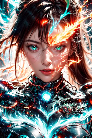 ironwoman,(red lightning light,|glowing facial pattern|,green fire wire:1.3),glowing wire,|shibari|,lightning chain,goddess,(Black and white entanglement:1.4), street scenery,High Detail,masterpiece,best quality,more detail,Hyper Quality,detailed,more detail,glowing eye
