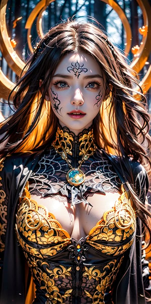 (witch),(halloween-shaped puppet set hafu),(Gorgeous evil yellow glowing pattern:1.2),Fantasy visual effects,dark forest,curvy,(lace tones:1.3)