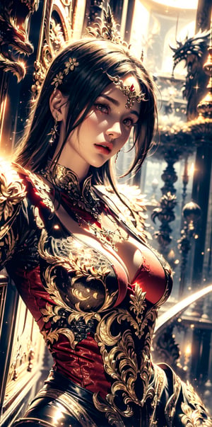 (Female paladin,Onmyoji, Saint Seiya),pink lace lingerie ,gold chain over clothes,(complex Gorgeous dragon pattern empty bare bodysuit), city. masterpiece, beautiful and aesthetic, 8K, HDR, high contrast,raw photo, best quality, realistic, photo-Realistic,  high contrast, vibrant color, muted colors, cinematic lighting, ambient lighting, sidelighting, Exquisite details and textures,ultra realistic illustration, siena natural ratio,(red tones:1.5)
