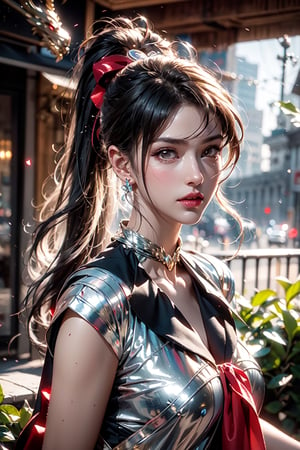 (Sailor Moon , Kyuubi ), chiffon costume,silver hair,hair beads ,hair ribbon, long_ponytail , street , sunlight ,green and red entanglement, crystal and silver entanglement .masterpiece, beautiful and aesthetic, 8K, HDR, high contrast,raw photo, best quality, realistic, photo-Realistic, best quality, masterpiece, high contrast, vibrant color, muted colors, cinematic lighting, ambient lighting, sidelighting, Exquisite details and textures,ultra realistic illustration,dragon head