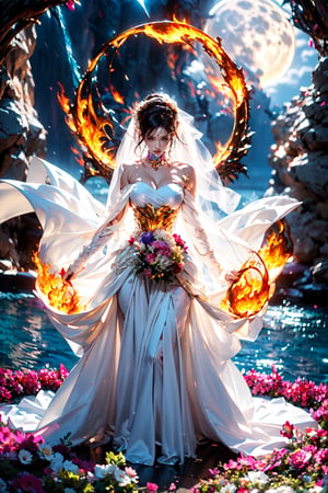 The bride wearing a burning wedding dress stands in the sea of ​​flowers on the other sides, fire,magic circle , huge moon,wing