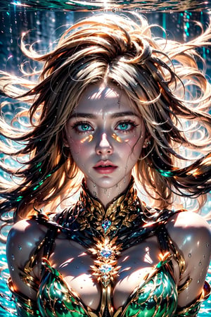 blond,(green eyes,eye_glow,bright_pupils),flawless face,underwater world,(floating hair) ,High Resolutio ,High Detail ,photography ,Arnold Renderer Arnold,detailed,Hyper Quality,masterpiece, best quality,ultra resolution image,frong_view,(shiny_hair,wet hair),frontlight,Dreamy haze, (teary-eyed), (Black and white entanglement), (crystal and silver entanglement)