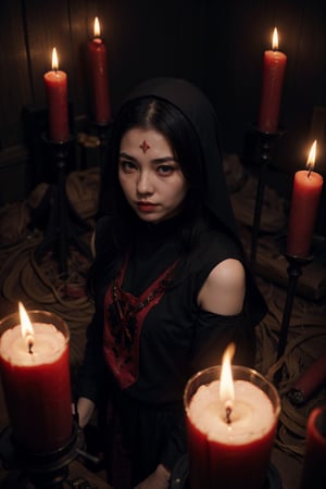 (goth) Korean female nun, wearing black and red clothing,human sacrificing viewer, viewed from above,satanic_cross,fiery pentagram,black candles,red flames