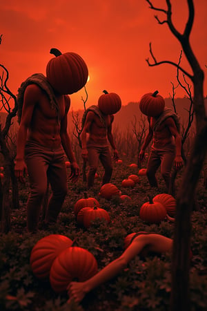 A eerie 35mm photograph captures a surreal scene: a field of frightened humans, cowering in terror, amidst a landscape of twisted vines and gnarled tree trunks. In the background, humanoid pumpkin-people, their orange bodies glowing under an otherworldly light, stoop to gather the human 'crop' with burlap sacks slung over their shoulders. The sky above is a deep crimson, casting an ominous tone as the pumpkin-pickers move with calculated efficiency.