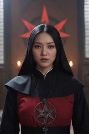 (best quality), (full_body), (high resolution), (intricate details), (photorealistic), (Cinematic Light), focus blur:0.4, Film Grain:0.6, Ray tracing:0.6, Dynamic Range:0.3, median:0.4, (best shadow),

 (goth) Korean female nun, wearing black and red clothing, demonic exorcising viewer,inverted_cross,fiery pentagram,black-candles,red-flames,professional, depth of field,up_close,POV,stare_at_viewer