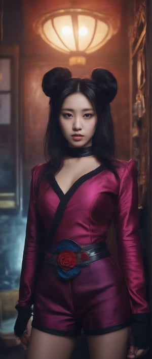1girl,Korean supervillian,vivid clothes,in her lair,