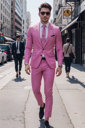 "Create a vibrant and playful image capturing the essence of the meme '남자는 핫핑크' (Men in Hot Pink). The focus is on a confident, stylish man wearing a striking hot pink suit. He stands against a modern city background, embodying both elegance and a bold fashion statement. The man should have a charismatic and friendly expression, exuding confidence. His outfit includes a sharply tailored hot pink blazer and trousers, paired with a crisp white shirt and sleek, black dress shoes. Accessories like a matching hot pink tie or pocket square, and perhaps a stylish watch, add to his fashionable look. The cityscape behind him should be lively, yet not overpowering, with a blend of urban architecture and vibrant street life. The overall image should be a celebration of individuality and breaking traditional fashion norms, with a bright and upbeat atmosphere." 
