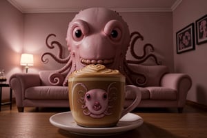 An octopus themed room with no people, sofa, magazine pictorial, pink theme dessert cafe, (octopus monster in a coffee cup:1.4), Valentine's Day, detailed, highly detailed, ultra realistic, photorealistic, high definition, 8k UHD, 