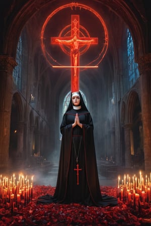 (((Perfect Face)))(((Standing)),(((masterpiece))), (((best quality))), ((ultra-detailed)), (highly detailed CG illustration),  

1girl,(goth) Korean female (nun:1.2), straight blunt bangs,spandex outfit,wearing black and red clothing,human sacrificing viewer, viewed from above,satanic_cross,fiery pentagram,black candles,red flames in the style of neon, midnight forest background, dariusz klimczak, andrew boog faithfull, religious subjects, full_body,smoldering church:1.2,magical aura, energy drain,long hair,human on crucifix,

cinematic light,(character focus),science fiction, extreme detailed, colorful, highest detailed,male,Movie Still, red sun,at dusk,