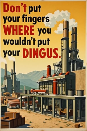 Don't put your fingers where you wouldn't put your dingus. 1950s factory educational poster