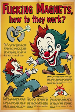 Insane Clown Posse, the text reads "Fucking magnets, how do they work? ", explain how magnets work, like a 1950s educational poster