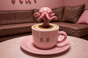 An octopus themed room with no people, sofa, magazine pictorial, pink theme dessert cafe, (octopus monster in a coffee cup), Valentine's Day, detailed, highly detailed, ultra realistic, photorealistic, high definition, 8k UHD, 