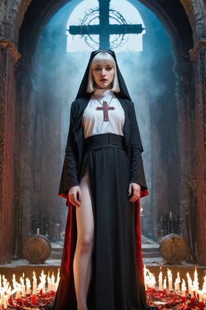 (((Perfect Face)))(((Standing)),(((masterpiece))), (((best quality))), ((ultra-detailed)), (highly detailed CG illustration),  

1girl,(goth) Korean female (nun:1.2), straight blunt bangs,spandex outfit,wearing black and red clothing,human sacrificing viewer, viewed from above,satanic_cross,fiery pentagram,black candles,red flames in the style of neon, midnight forest background, dariusz klimczak, andrew boog faithfull, religious subjects, full_body,smoldering church:1.2,magical aura, energy drain,long hair,human on crucifix,

cinematic light,(character focus),science fiction, extreme detailed, colorful, highest detailed,male,Movie Still, red sun,at dusk,Extremely Realistic,rebnun