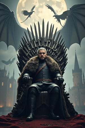 “Create a dramatic and visually stunning poster depicting an alternate ending for Game of Thrones. Imagine a scene where Jon Snow sits on the Iron Throne, with Daenerys Targaryen standing beside him, both looking resolute and united. The background should feature a peaceful King’s Landing, with dragons flying majestically in the sky. Include elements of hope and renewal, symbolizing a new era for Westeros.”