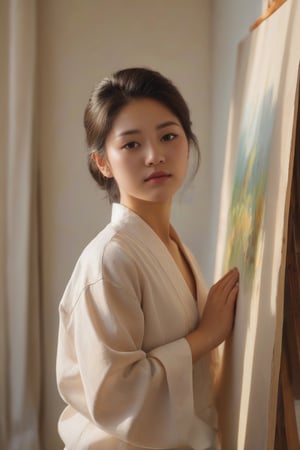Close-up portrait of a sole Korean female artist standing confidently in front of her vibrant nature oil painting, her hands gently holding the canvas's edge as if embracing the artwork. Soft morning light illuminates her face, casting a warm glow on her features and the surrounding studio walls.
