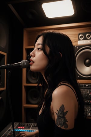 sole_female,Korean,(goth:1.2),in a soundproof music studio,recording a song,mic,