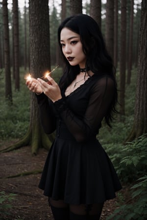 sole_female,Korean,(goth:1.2),Teaching spell_casting,forest,midnight