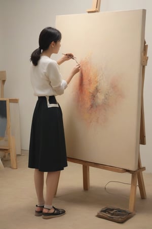 sole_female,Korean artist,painting a large oil painting,