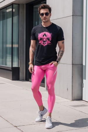 Create an image showcasing a confident, stylish man embracing the 'Men in Hot Pink' theme by wearing bold hot pink leggings. This man is the epitome of breaking fashion norms and expresses his individuality with pride. He pairs his eye-catching hot pink leggings with a casual, smart gold_pink t-shirt and trendy white sneakers. His accessories are minimal yet stylish, including a sleek watch and cool sunglasses, adding to his modern, urban look. The background should be a lively city street, reflecting a blend of contemporary architecture and the vibrant energy of city life. The overall atmosphere of the image is playful and upbeat, highlighting the man's confident demeanor and his fearless approach to fashion, challenging traditional menswear stereotypes 