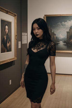 8k,sole_female,Korean,(goth:1.2),Museum tour guide,wearing a tight dress, standing in front of abstract paintings of 17th century memes