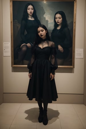 8k,sole_female,Korean,(goth:1.2),Museum tour guide,wearing a dress,walls have giant portraits of 17th century memes,