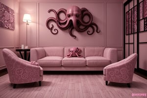 An octopus themed room with no people, sofa, magazine pictorial, pink theme dessert cafe, (octopus monster in a coffee cup), Valentine's Day, detailed, highly detailed, ultra realistic, photorealistic, high definition, 8k UHD, 