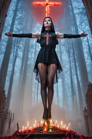 (((Perfect Face)))(((Standing)),(((masterpiece))), (((best quality))), ((ultra-detailed)), (highly detailed CG illustration),  

1girl,(goth) Korean female (nun:1.2), straight blunt bangs,spandex outfit,wearing black and red clothing,human sacrificing viewer, viewed from above,satanic_cross,fiery pentagram,black candles,red flames in the style of neon, midnight forest background, dariusz klimczak, andrew boog faithfull, religious subjects, full_body,smoldering church:1.2,magical aura, energy drain,long hair,human on crucifix,

cinematic light,(character focus),science fiction, extreme detailed, colorful, highest detailed,male,Movie Still, red sun,at dusk,