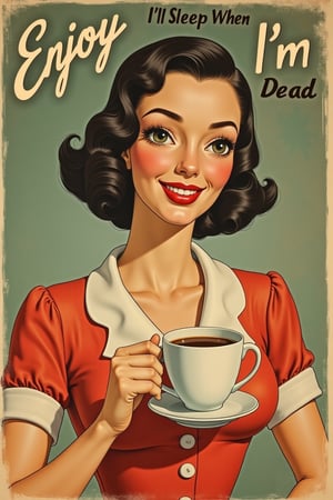 Enjoy Coffee. I'll sleep when I'm dead. 1950s poster.