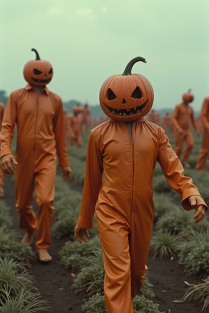 A 35mm photo of an alternate reality where humanoid pumpkin-people are picking scared humans in a field of humans. 