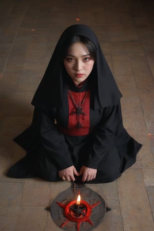 (best quality), (full_body), (high resolution), (intricate details), (photorealistic), (Cinematic Light), focus blur:0.4, Film Grain:0.6, Ray tracing:0.6, Dynamic Range:0.3, median:0.4, (best shadow),

 (goth) Korean female nun, wearing black and red clothing, demonic exorcising viewer,inverted_cross,fiery pentagram,black-candles on floor,pentagram,red-flames,professional, depth of field,POV,stare_at_viewer,black_sclera,glowing red_iris,