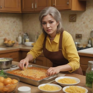(detailed, ultra-highres, masterpiece:1.2), photorealistic, 8K HDR, 1970s Italian grandmother making lasagna, 1970s fashion, 1970s Italian home kitchen, 1970s aesthetic,candid shot,catholic,(mustard-yellow and brown and pea-green color palette),1970s jewellery, 1970s makeup,