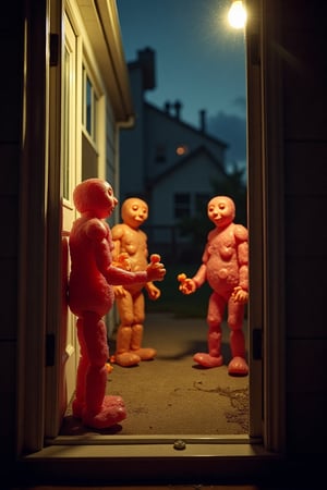 A 35mm photo capturing an alternate reality where Trick or Treat is reversed. Candy humanoids, dressed in human costumes, stand outside a cozy home, facing the viewer. The scene is set at midnight, with an eerie, horror-themed atmosphere. The view is from inside, looking out through a dimly lit doorway, as the candy beings hand out tiny human figurines as treats. Adults not kids.