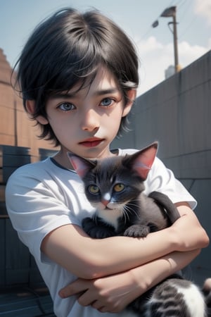 a cute little boy  and his kitten ,High detailed 