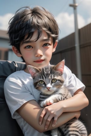 a cute little boy and his kitten ,High detailed