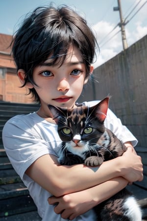 a cute little boy and his kitten ,High detailed