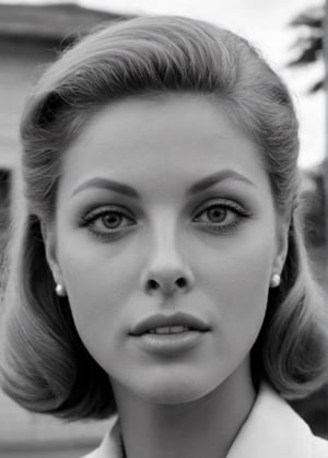 Young female, Elizabeth Montgomery face features, late 1950s style, black and white, Canon high-grade 35mm camera, antebellum house background