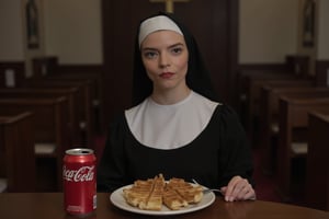 analog film photo cinematic, dark, moody, epic detail 4K, 1 girl, cute, ANYAJT, anya taylor joy, close shot,  nun, inside a church altar, sitting on a altar, table, eating a plate of waffles, a can of soda with the CocaCola logo is in the table , Cinematic, Movie Still,