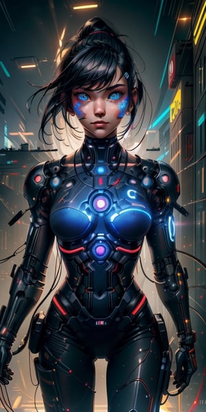 (masterpiece, best quality, ultra-detailed, 8K, detailed face), cyberpunk, flat art, cyborg soldier, holding futuristic rifle, cables connecting to body, wires and cables intertwine, glowing neon lights, ambient light, Cyberpunk_Anime, High detailed 