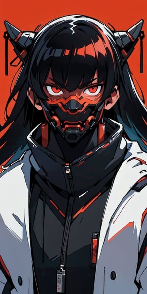 (masterpiece, best quality, ultra-detailed, 8K), Male, black hair, ((oni mask)), cyberpunk, sience fiction, wires, simple background, red background, glowing red eyes, long hair, High detailed, ambient light, Ghost mask, urban techwear,PoP art,(best quality