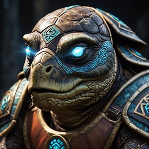 Photo  close up, of  an anthro turtle on his armor detailed eye's, ancient rune armour, glowing runes, epic light 