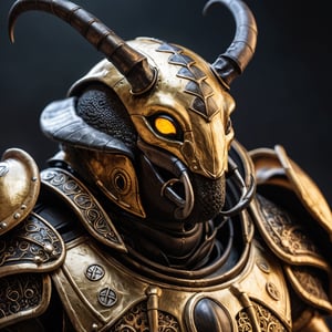 Photo  close up, of  an anthro Hercules beetle on his armor detailed eye's , golden Nordic armour, glowing runes, epic light 