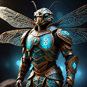 Photo close up, of an anthro dragonfly on his armor detailed eye's, ancient rune armour, glowing runes, epic light, full body