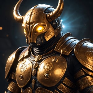 Photo  close up, of  an anthro Atlas beetle on his armor detailed eye's , golden Nordic armour, glowing runes, epic light 