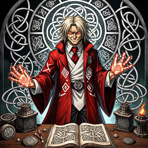  Hellsing anime artwork of a mad god in teenage boy image, fantasy laboratory, talking  care of his Experiment, epic light, knotwork, fantasy runes, dystopian vibe 