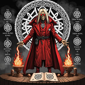 Hellsing anime artwork of a mad god, fantasy laboratory, talking  care of his 
  Experiment, epic light, knotwork , Nordic runes, dystopian vibe 