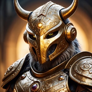 Photo  close up, of  an anthro bettle on his armor detailed eye's , golden Nordic armour, glowing runes, epic light 
